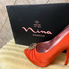 Beautiful Deep Orange Satin Wedding Shoes! New, Never Worn 4 Inch Heel. Brown Strappy Heels, Satin Wedding Shoes, Velvet High Heels, Strap Sandals Heels, Shoes Orange, Orange Satin, Nina Shoes, Orange Shoes, Deep Orange