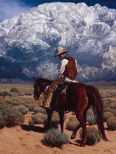 a man riding on the back of a brown horse in front of a large cloud