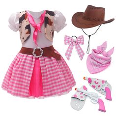 PRICES MAY VARY. Complete Cowgirl Costumes for Girls - Pink cowgirl costume will take your little girls into a west cowgirl world. Cowgirl outfit included pink dress, bandana, cowboy hat and pink glasses. Let your little one live out their wildest dreams with this cowgirl costume set! Vibrant pink cow girl dress is sure to make your girl stand out! Cowgirl Dress Details - High quality three-layers tulle dress design for a fluffy look, V neck dress with vest sewed on the dress, with cute bubble s Halloween Costumes Western, Cowgirl Costume Kids, Pink Cowgirl Costume, Cowgirl Dress Up, Vestidos Country, Toddler Cowgirl, Girls Halloween Costumes, Family Themed Halloween Costumes, Halloween Costume Toddler Girl