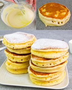 pancakes with powdered sugar and butter on them are being prepared to be eaten by someone