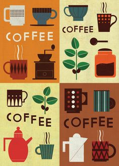 four different types of coffee are depicted in this poster