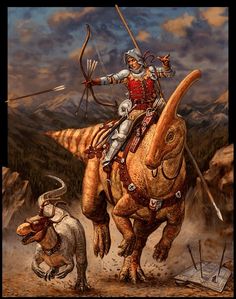 a man riding on the back of a dinosaur next to an animal with a bow and arrow