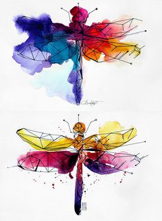 two watercolor paintings of dragonflies with different colors and shapes, one in the foreground