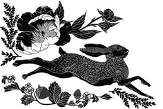 a black and white drawing of a rabbit surrounded by flowers