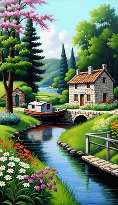 a painting of a house by the river