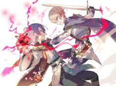 two anime characters holding swords in their hands