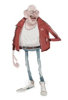 an old man with glasses and a red jacket