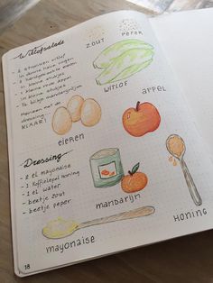 an open notebook with some food on it