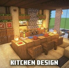 an image of a kitchen in minecraft with the words kitchen design on top of it