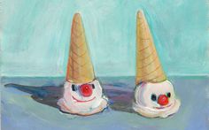 two ice cream cones with clown faces painted on them, one red nose and the other white