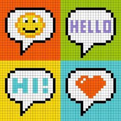 four pixellated speech bubbles with the word hello and smiley face in different colors on them