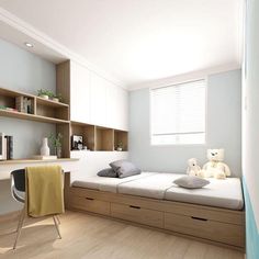 a small bedroom with a bed, desk and bookshelf in the corner next to it