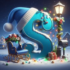 the letter s is decorated with christmas lights and presents in front of a mailbox