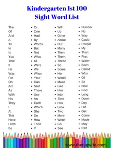 a printable sight word list for kids with colored pencils in front of it