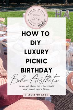 a picnic table with pink cushions and plates on it that says how to diy luxury picnic birthday