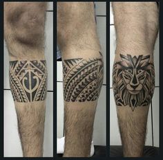 a man's leg with tattoos on it and an image of a lion in the middle