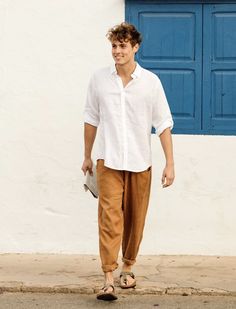 Men In Linen, Men's Summer Outfits, Mens Summer Outfits, Linen Men, White Linen Shirt, White Linen Pants, Linen Shirt Men, Mens Linen