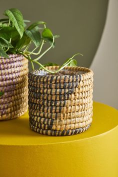 two woven baskets sitting on top of a yellow table next to a green leafy plant