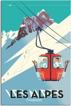 a red ski lift with skiers going up the mountain on it's side