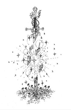 an ink drawing of a cross with stars around it