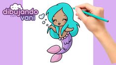 a drawing of a mermaid with blue hair holding a pencil in her hand and looking at the viewer