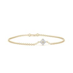 Featuring a floral cluster of brilliant round diamonds, this elegant chain bracelet elicits feminine charm. It is designed in 14k yellow gold and secured with a lobster claw clasp. Diamond Chain, Diamond Bracelets, Diamond Cluster, Bracelet Designs, White Diamond, Lobster Claw, Diamond White, Chain Bracelet, Colored Diamonds