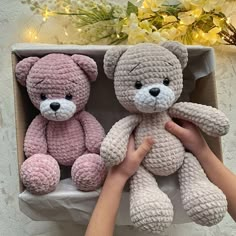 two crocheted teddy bears in a box with flowers on the wall behind them