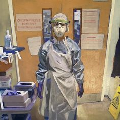 a painting of a man in an operating room wearing protective clothing and safety goggles