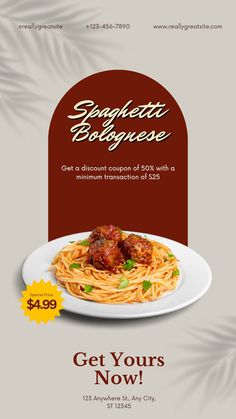 a flyer for spaghetti with an advertisement on the front and back side, which reads spaghetti bongeuse get yours now