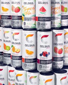 many cans of celsius are stacked on top of each other