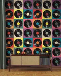 vinyl record wallpaper in an eclectic living room