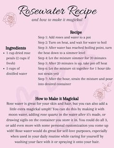 Rose Water Recipe, Rosewater Recipe, Witch Notes, Rose Petal Uses, Make Rose Water, Homemade Rose Water, Rose Water Diy, How To Make Rose, Spell Books