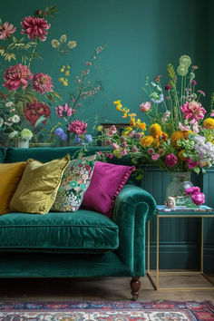 a green couch sitting next to a table filled with lots of flowers on top of it