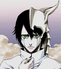 an anime character with black hair and green eyes, wearing a white collared shirt