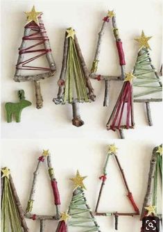 three different pictures of christmas trees made out of sticks