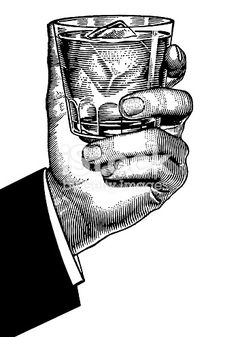 a man's hand holding a glass with ice cubes in it, vintage line drawing or engraving style