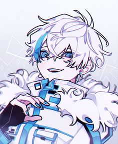 an anime character with blue hair and black eyes holding a white object in his hand