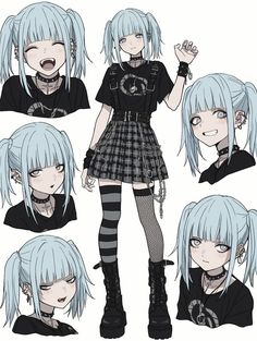 an anime character with blue hair and black clothes, posing for the camera in different poses