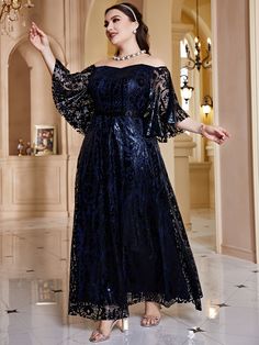 Navy Blue Glamorous  Three Quarter Length Sleeve Mesh Plain A Line Embellished Slight Stretch Spring/Summer Plus Size Dresses Black Ball Gown, Mesh Maxi Dress, Wool Coat Women, Summer Plus Size, Butterfly Sleeve, Bridesmaid Outfit, Maxi Dress Online, Dinner Dress, Summer Color