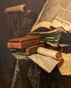 an oil painting of books on a table