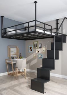 there is a loft bed with stairs in the room