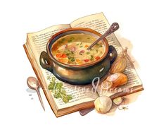 a watercolor painting of a soup in a pot on top of an open book