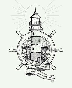 a drawing of a lighthouse on top of a ship wheel with a ribbon around it