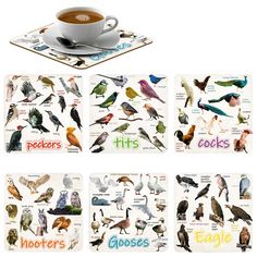 a cup of coffee sitting on top of a table next to coasters with different types of birds