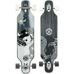 two skateboards with designs on them sitting next to each other in front of a white background