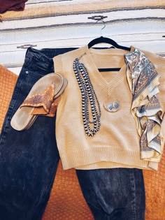 Sweater, neutral, wild rag, sandals, jeans, neutral South Western Outfits, Ffa Teacher Outfits, Womens Wild Rag Outfits, Sweater Vest Western Outfit, Cowgirl Business Casual, Western Cottagecore Outfits, Green Western Outfit, Western Professional Attire, Stockshow Outfits