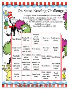 the dr seuss reading challenge is shown with an image of dr seuss reading