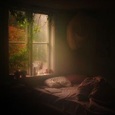 a bed sitting next to a window in a dark room