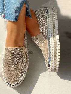 DETAILS Leather lining  Rhinestone Casual Round toe Wedding Shoes Heels White, Types Of Sandals, Heels White, Orthopedic Shoes, Bling Shoes, Wedding Shoes Heels, Slip On Loafers, Walking Sneakers