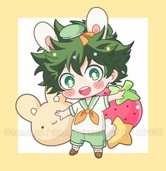 an anime character with green hair and bunny ears, standing next to a teddy bear